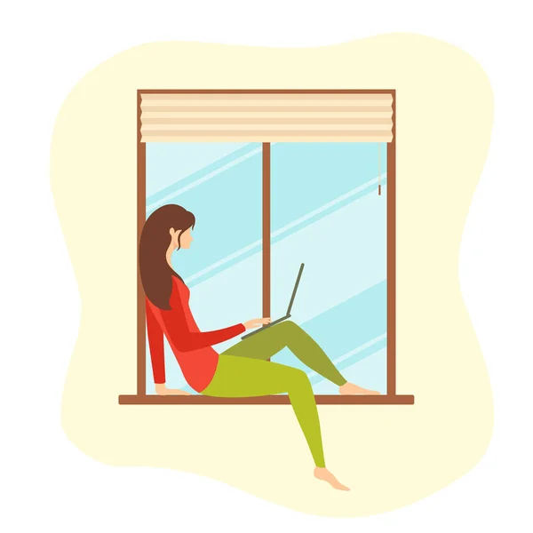 Woman Working Home Laptop Freelancer Student Girl Computer Sitting Windowsill — Stock Vector