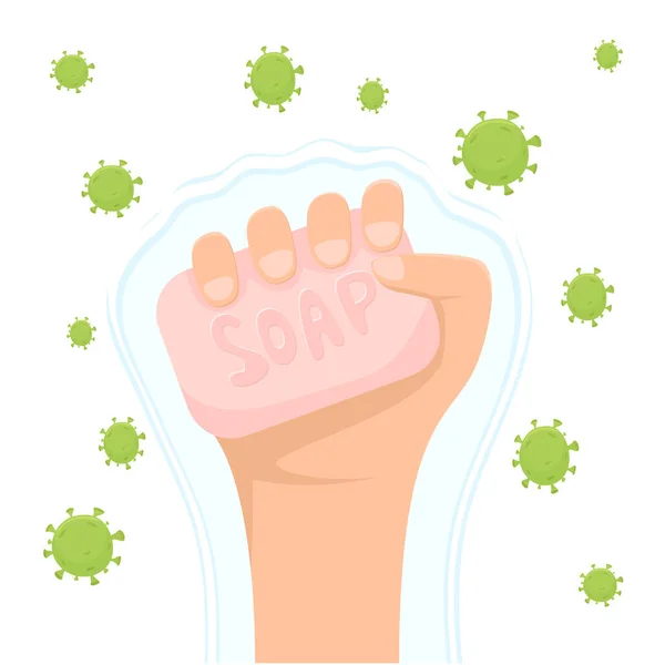 Sabunu Elinde Tutan Kişi Temiz Eller Mikroplara Bakterilere Karşı Sağlıklı — Stok Vektör
