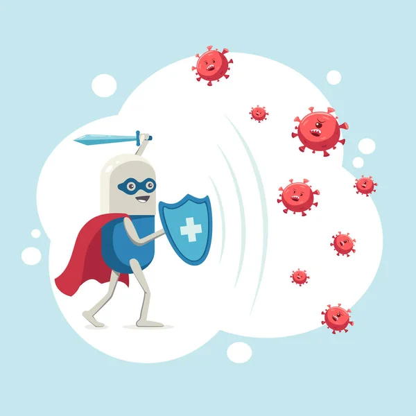 医療用錠剤 シールドと剣のウイルスを撃退するタブレット フラット漫画のキャラクターは体を保護します 危険なウイルス 微生物や細菌の攻撃 病気に対する健康と勝利の概念 — ストックベクタ