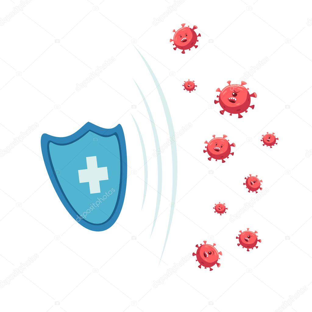 Medical shield protects against viruses. A flat cartoon character guarantees the safety the body. Dangerous viruses, microbes and bacteria attack. Concept of health and victory over disease.
