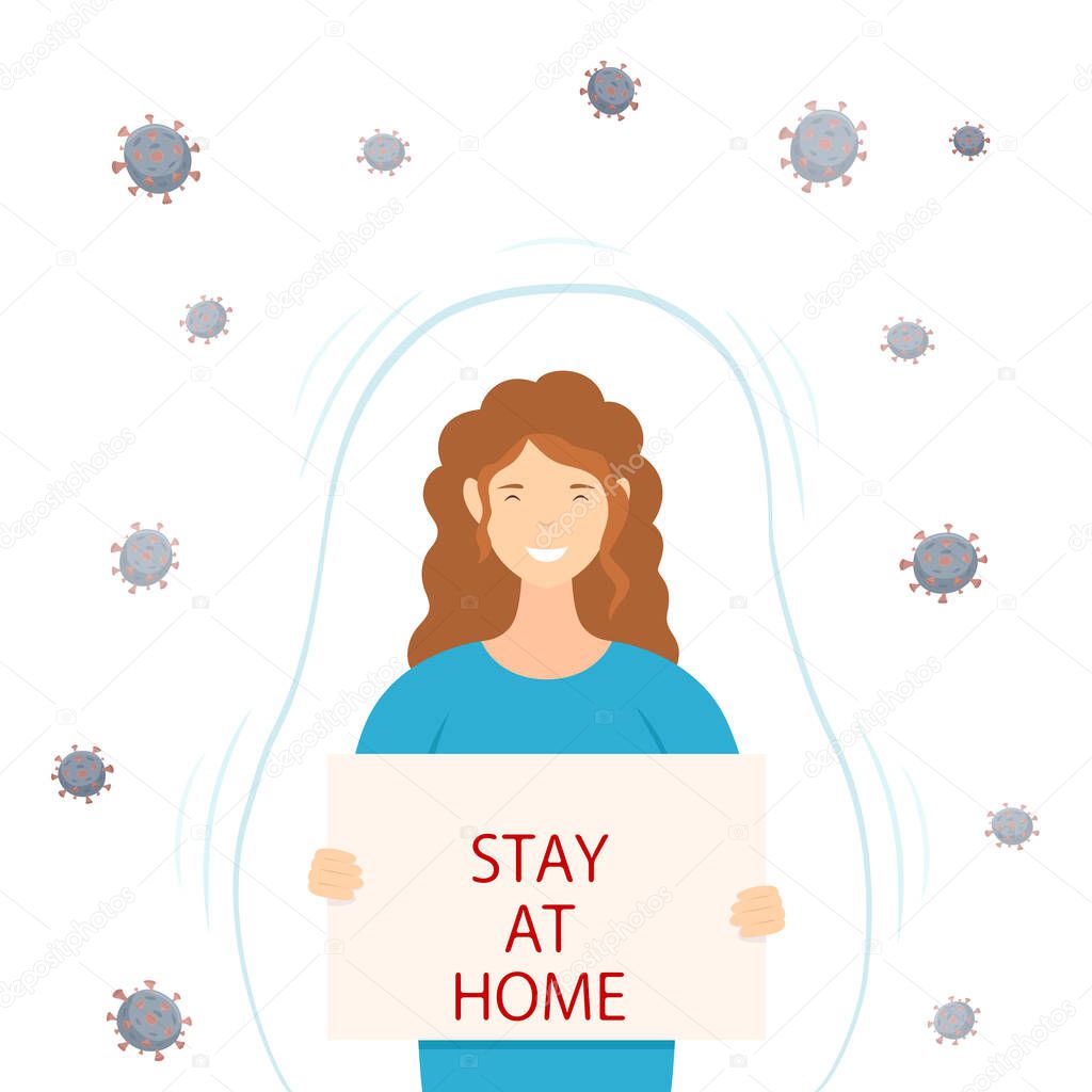 Woman holding banner with lettering Stay at home. Motivational poster. Quarantine or self-isolation theme. Prevention and protection from Covid 19. Illustration with girl and viruses in a flat style.