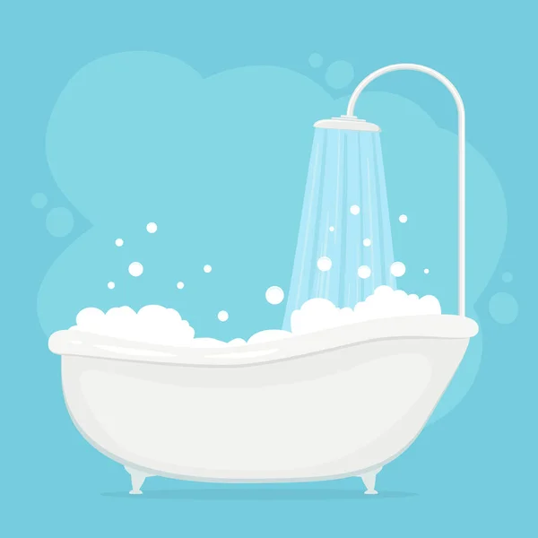 浴室にシャワー付きの白い浴槽 青い背景に水と石鹸泡のあるヴィンテージバス レトロなバスルーム 水をやる 平漫画イラスト — ストックベクタ