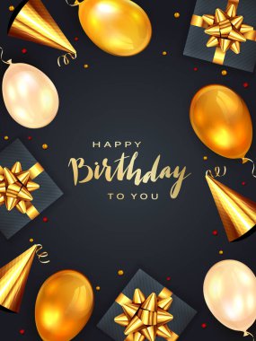 Siyah arka planda altın harfli Mutlu Yıllar balonları, parti şapkası, altın fiyonklu ve balonlu gerçekçi hediyeler. Resimler tatil tasarımı, posterler, kartlar, afişler için kullanılabilir.