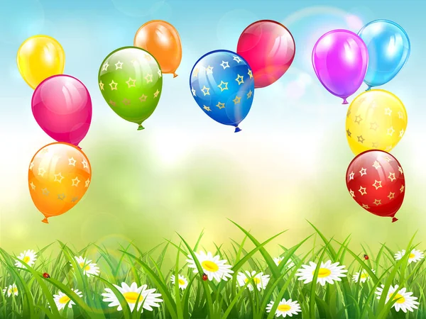 Geburtstagsballons Fliegen Über Gras Himmel Ferienthema Mit Bunten Luftballons Illustration — Stockvektor