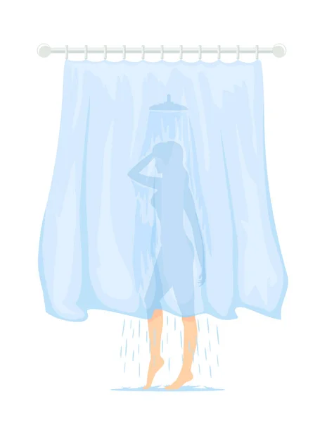 カーテンの後ろのスリムな女性がシャワーを浴びている バスルームの透明カーテン 白を基調とした漫画イラスト 若いですかなり細い女の子取りますAシャワー — ストックベクタ