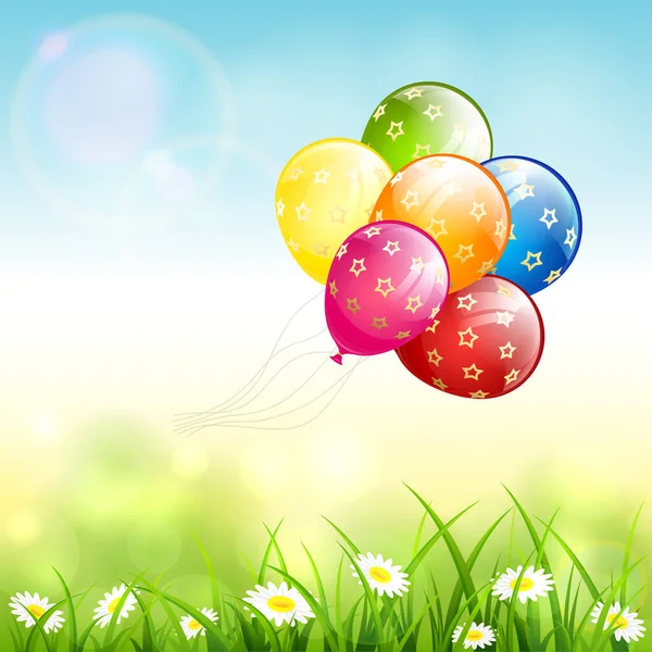 Colored Balloons Flying Grass Flowers Birthday Nature Background Holiday Theme — Stock Vector