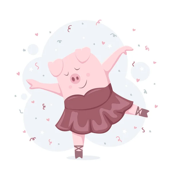 Happy Piggy Ballerine Sur Fond Étoiles Cœurs Banderoles Joyeux Cochon — Image vectorielle