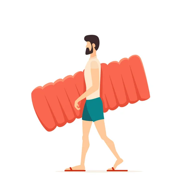 Uomo Pantaloncini Bagno Blu Spiaggia Piscina Con Materasso Gonfiabile Divertente — Vettoriale Stock