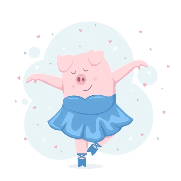 Ballerine Cochon Heureux Sur Fond Avec Des Étoiles Des Cœurs — Image vectorielle