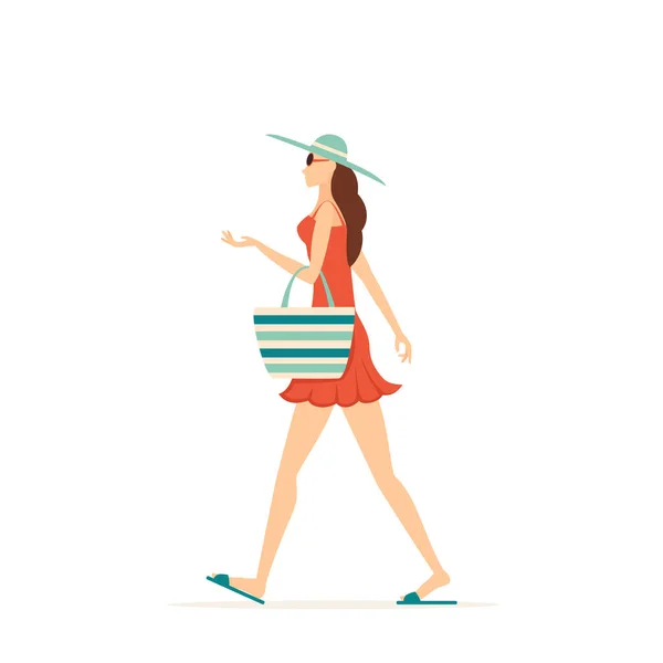 Mujer Vestido Rojo Con Una Bolsa Playa Sombrero Playa Piscina — Vector de stock
