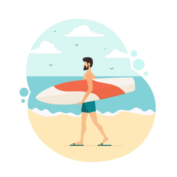 Feliz Surfista Traje Baño Azul Con Una Tabla Surf Blanca — Vector de stock