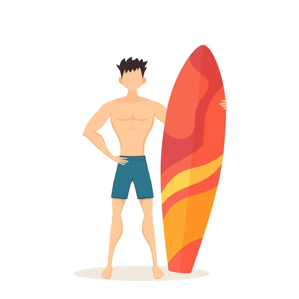 青で幸せなサーファーはビーチでサーフボードとショートパンツを泳ぐ 白い背景に孤立した面白い男 平漫画風のイラストは夏のデザイン ポスター バナーに使用することができます — ストックベクタ
