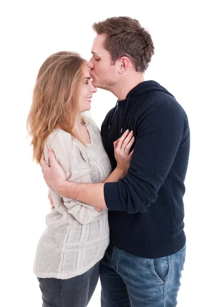 Man kissing her beautiful lady on forehead — Stock Photo, Image