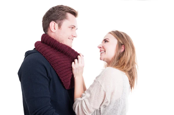 Woman arranging man's autumn casual neckcloth — Stock fotografie