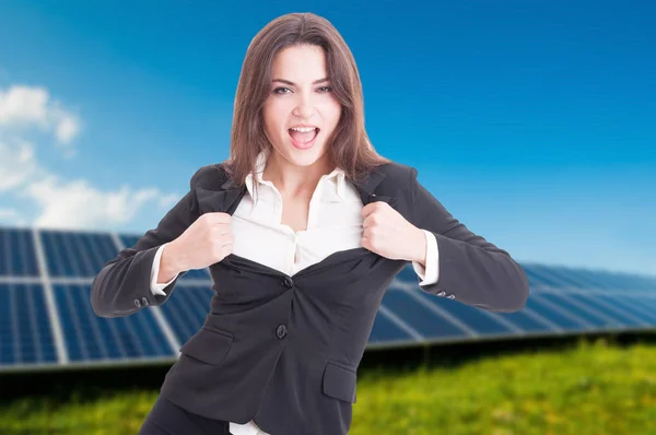 Attractive female at solar power station — Stock Photo, Image