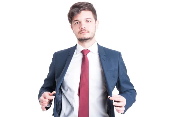 Portrait of business man closing his suit jacket — Stock Photo, Image