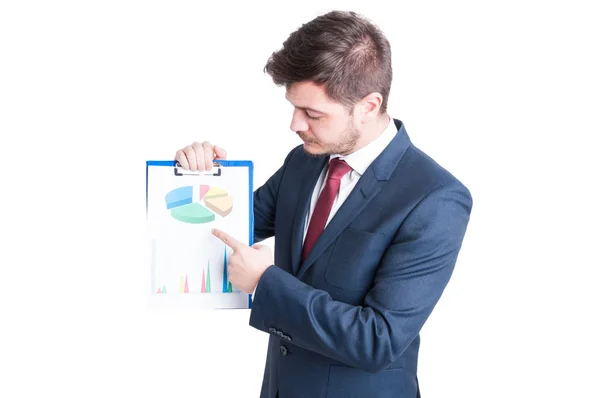 Business man or marketing manager pointing charts clipboard — Stock Photo, Image