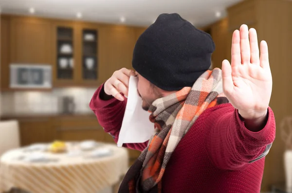 Man met koorts en grippe doen stop gebaar — Stockfoto