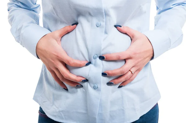 Close-up of woman architect holding her belly — Stock Photo, Image