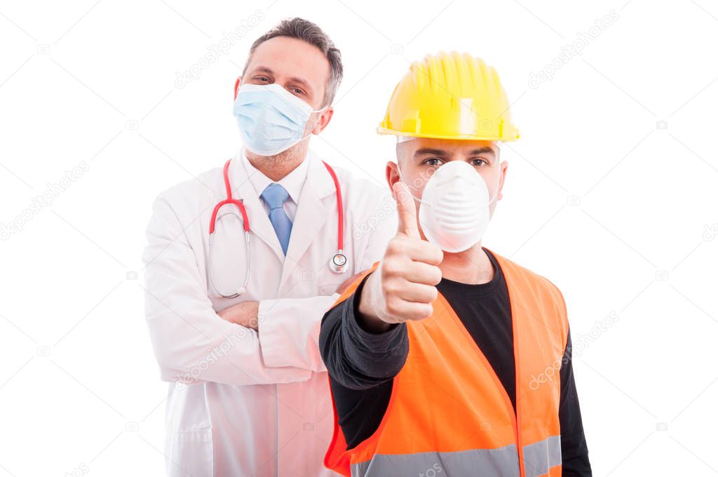 Trustworthy constructor and doctor showing thumb up