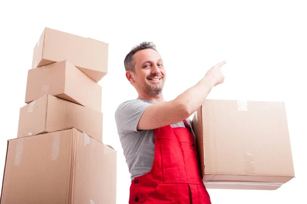 Low angle of mover man holding box pointing up — Stock Photo, Image