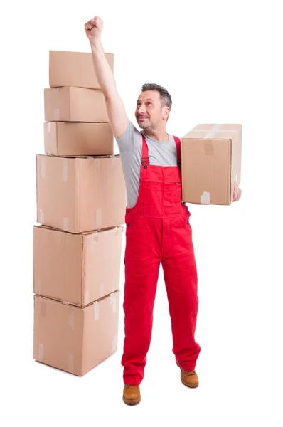 Full body of mover guy posing with one hand up — Stock Photo, Image