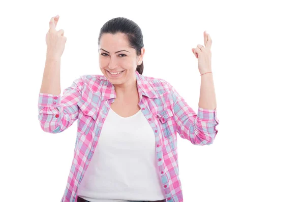 Retrato de mujer alegre deseando suerte — Foto de Stock