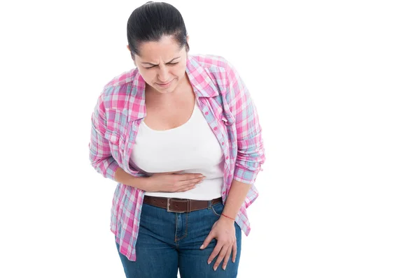 Pretty female with belly pain after eating — Stock Photo, Image
