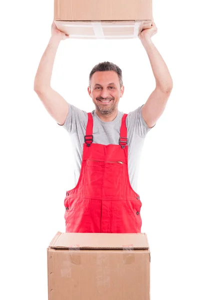 Guy lifting or holding up cardboard box — Stock Photo, Image