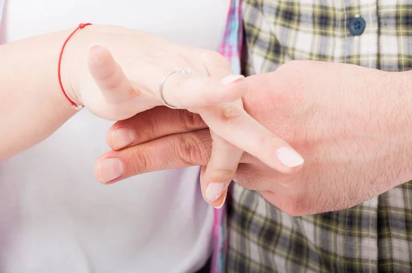 Lovers hands in closeup simulating sex — Stock Photo, Image