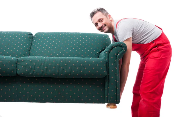 Mover guy holding up couch while moving — Stock Photo, Image