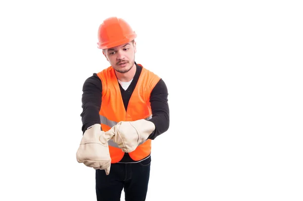 Construction supervisor doing go back to work sign