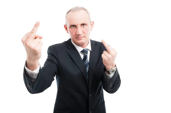 Portrait mature elegant man showing middle finger — Stock Photo, Image