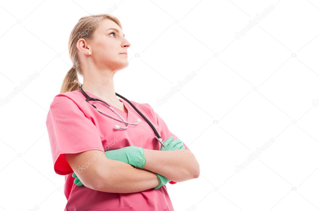 Low angle of cute nurse or doctor posing