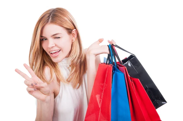 Positive and fashionable woman at shopping — Stock Photo, Image