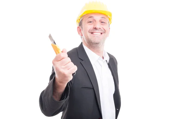 Portrait of contractor posing holding cutter and smiling — Stock Photo, Image