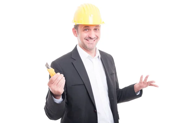 Portrait of contractor posing holding cutter and smiling — Stock Photo, Image