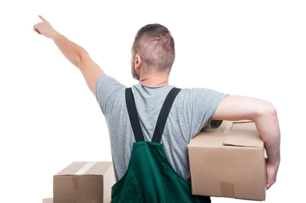 Back view of mover guy holding box pointing up — Stock Photo, Image