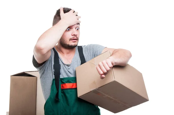 Mover guy holding cardboard gesturing being late — Stock Photo, Image