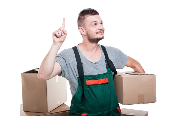 Mover guy holding cardboard box gesturing idea Stock Picture