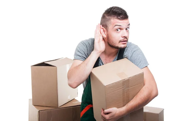 Mover guy holding cardboard box making can't hear — Stock Photo, Image