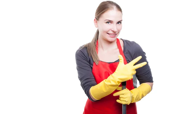 Pretty house cleaner with mop or broom — Stock Photo, Image