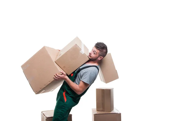 Mover guy carrying bunch of heavy boxes and falling — Stock Photo, Image