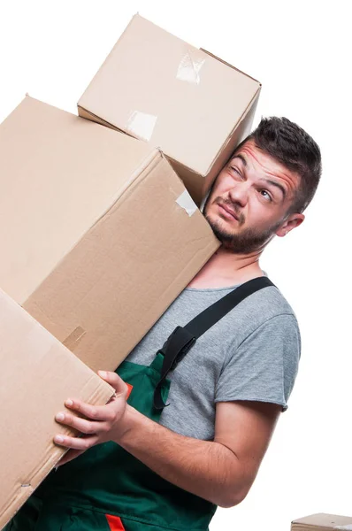 Mover guy carrying bunch of heavy boxes — Stock Photo, Image