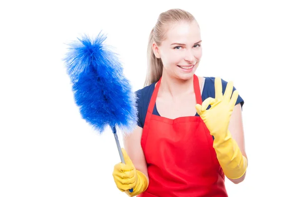 Žena hospodyně s ruční prachu čistič — Stock fotografie