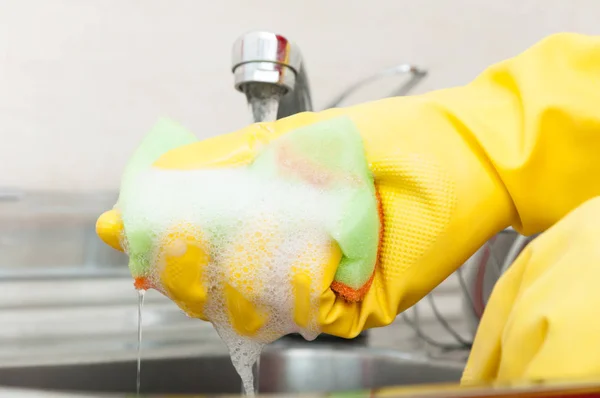 Cleaning lady holding dishware kitchen sponge — Stock Photo, Image