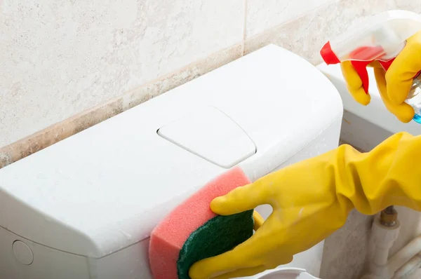Mulher com luva de borracha limpa o vaso sanitário — Fotografia de Stock