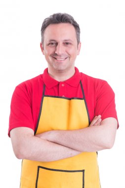 Kendinden emin salesmale ayakta kolları olan portresi geçti 