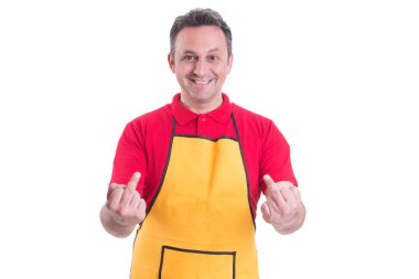 Yakışıklı genç çalışan el orta parmak ile gösterir