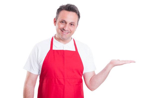 Young salesman showing his palm